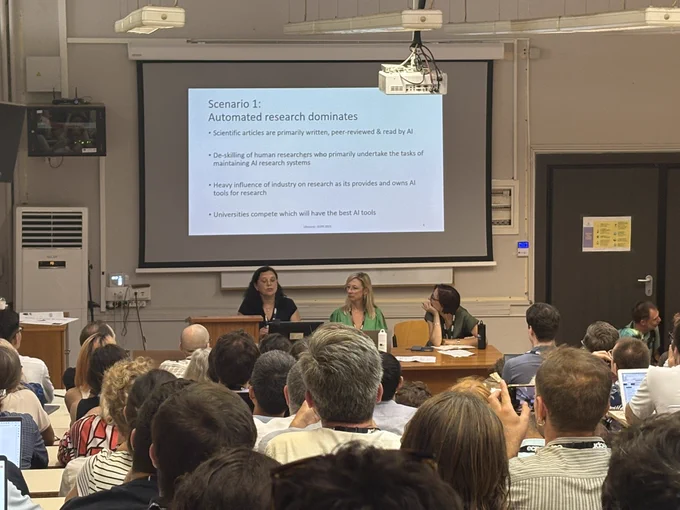 Inga Ulnicane, Sofia Vasilopoulou and Linda Basile speaking at the Publishing and Profession Session at the ECPR General Conference 2025