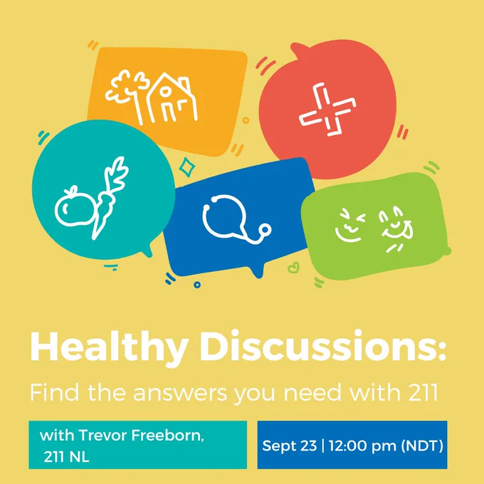 A logo image featuring multicoloured speech balloons containing symbols representing health and wellness. The text reads Healthy Discussions: Find the answers you need with 211 with Trevor Freeborn, 211 NL. Sept 23, 12:00 pm (NDT).