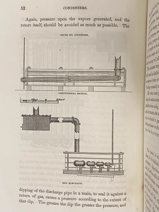 Photo is a page from 1861 book on coal and petroleum  (illustrations of parts of a crude oil condenser).