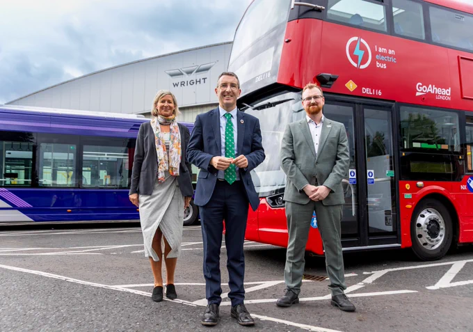 DAERA Minister Andrew Muir pictured with Wrightbus Environmental, Social and Governance (ESG) Director Sarah Schafer and Dr. Andy Harris, Head of Research and Data Analytics at Wrightbus during a tour of the Ballymena facility, showcasing the company’s hydrogen and battery-electric bus production lines