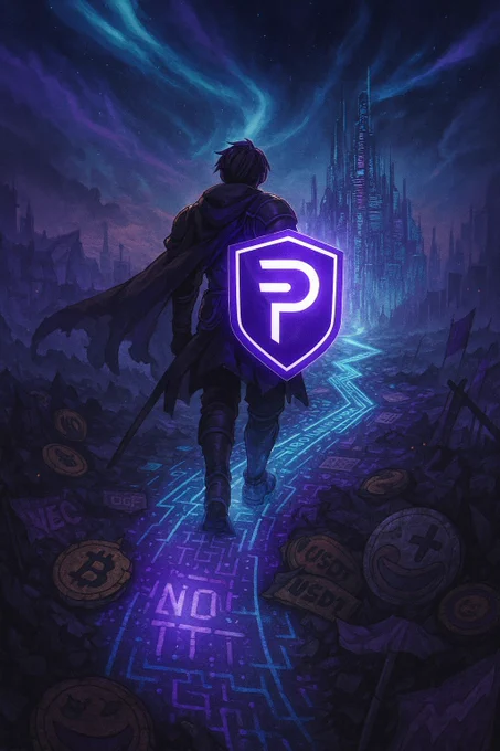 Warrior with PIVX shield walking toward a futuristic city on a glowing data-path.