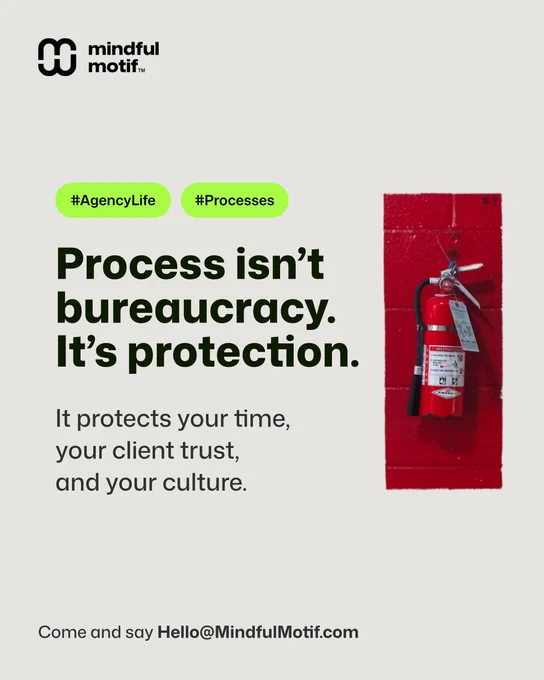 The image shows a fire extinguisher that is accompanied by the following text: "Process isn't bureaucracy. It's protection." The #AgencyLife and #Process tags are also visually represented on the image. At the bottom of the image there's a call for the readers to engage with the author's agency, Mindful Motif via the following email address: Hello@MindfulMotif.com