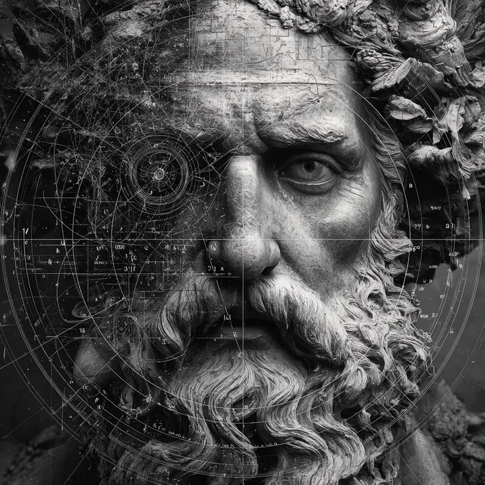 Close-up of a bearded man, resembling the personification of wisdom. Superimposed geometric diagrams, circular patterns, and mathematical formulas radiate across his face, merging a human with abstract logic and cosmic design.