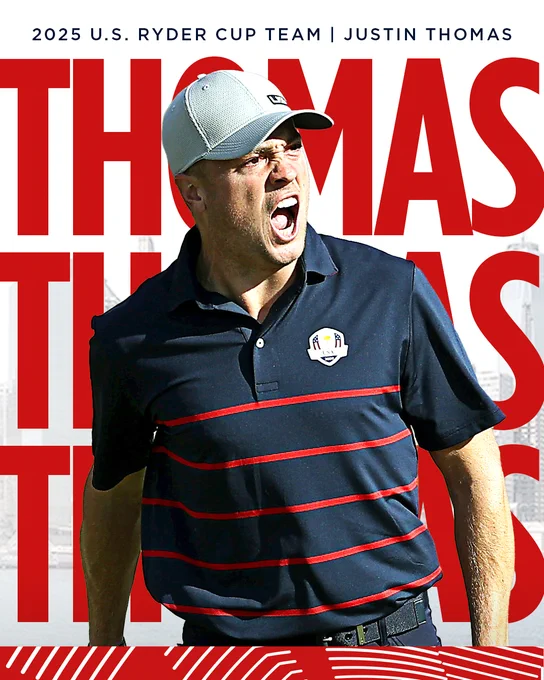 Official Ryder Cup 2025 graphic featuring Justin Thomas selected as a Captain’s Pick for Team USA. The Ryder Cup will take place from Friday, September 26 to Sunday, September 28, 2025. This year's event will be held at Bethpage Black in Farmingdale, New York