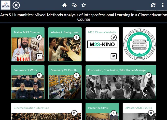Screenshot showing the contents of this ePoster stack, which includes background material, M23 Cinema website link, the opportunity to suggest films and the link to their previous year's ePoster. 