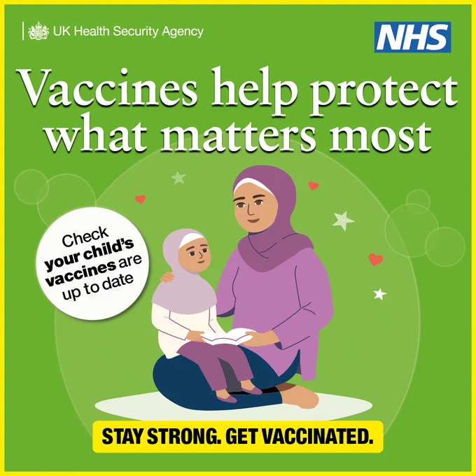 A woman sits with a young child on her lap. The text on the image says, ‘Vaccines help protect what matters most. Check your child's vaccines are up to date. Stay strong. Get vaccinated.’
