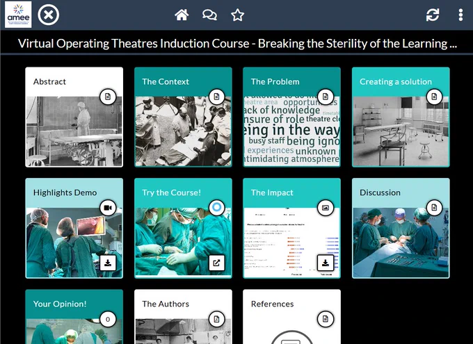 A screenshot showing the contents of this ePoster stack which includes details of the virtual operating theatres induction course and has a demo video and the opportunity to try out the course and give your feedback. 