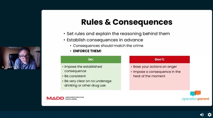 A person giving a presentation on responsible parenting actions, with a slide titled "Rules and Responses." The slide includes do's and don'ts for setting rules and consequences. Do set rules and explain the reasoning behind them.  Do impose the estabished consequence, do be consistent, do be very clear on no underage drinkng or other drug ue. Don't base your actions on anger. Don't impoase a consequence in the heat of the moment.