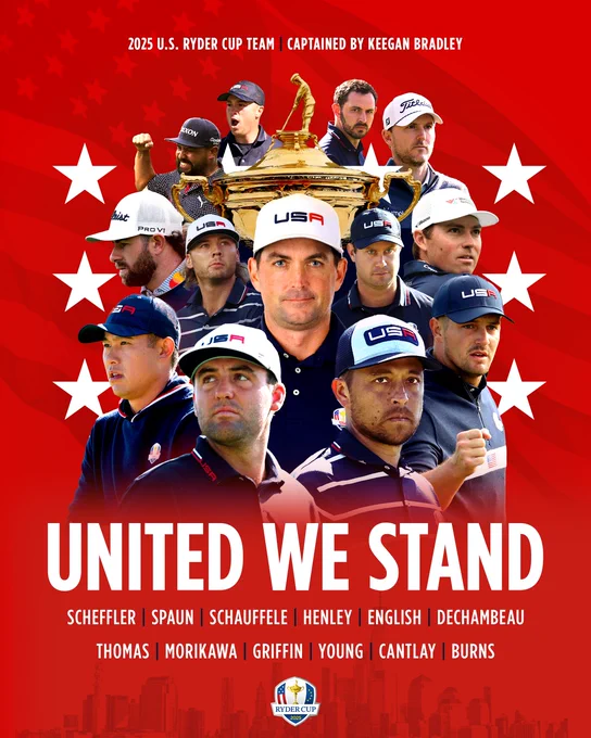 Official Ryder Cup 2025 graphic featuring: Justin Thomas, Collin Morikawa, Ben Griffin, Cameron Young, Patrick Cantlay, and Sam Burns, who were selected as a Captain’s Pick for Team USA. The Ryder Cup will take place from Friday, September 26 to Sunday, September 28, 2025. This year's event will be held at Bethpage Black in Farmingdale, New York