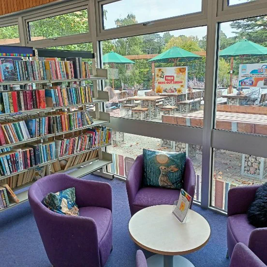 Photograph of purple chairs with decorative cushions around wooden coffee table in front of a large window. A sign on the window reads "Teen Hangout Area", and another sign promotes eBooks and e-Audiobooks available from the Surrey Libraries Catalogue. Shelves of books are visible on the left. A view of a patio with tables can be seen through the window. 