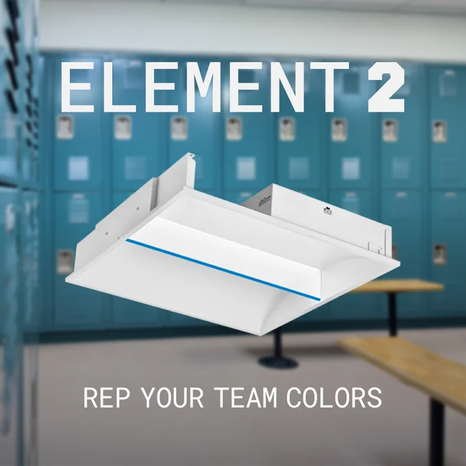 Overlay of the Element™ 2 Architectural Troffer with blue trim on a football locker room background