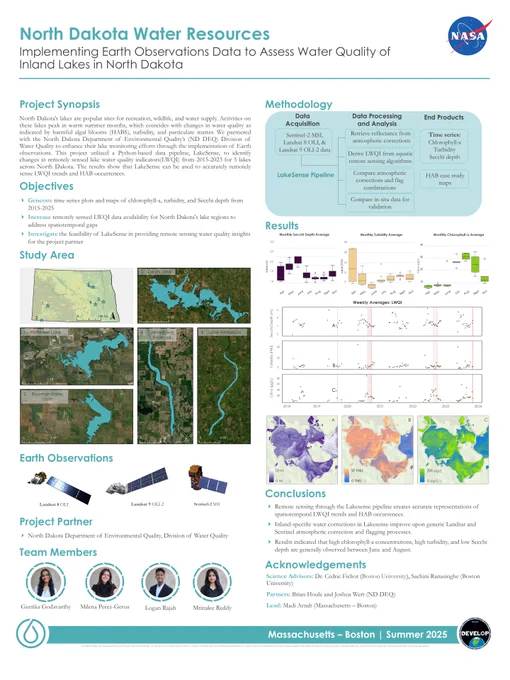 A flyer titled North Dakota Water Resources - Implementing Earth Observations Data to Assess Water Quality of Inland Lakes in North Dakota. It includes a Project Synopsis, Objectives, maps of the study area, the satellites used, the methodology, results, conclusions, and Acknowledgements.