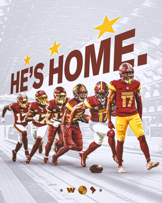 Graphic featuring six cutouts of Terry McLaurin throughout the years. He is wearing a burgundy helmet and jersey is all of the cutouts. Above him in burgundy it says "HE'S HOME." and above that there are three gold stars. 