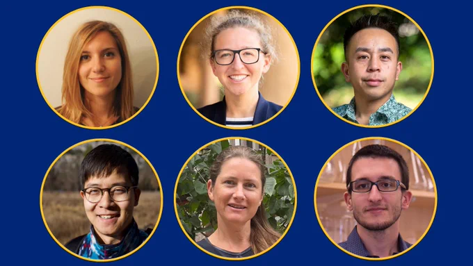 A composite image featuring headshots of six people in circles on a blue background. From top left: Alessandra Ferrari, Shifrah Aron-Dine, Justin Luong, Yan Gong, Rebecca Bart, and Güneş Parlakgül.