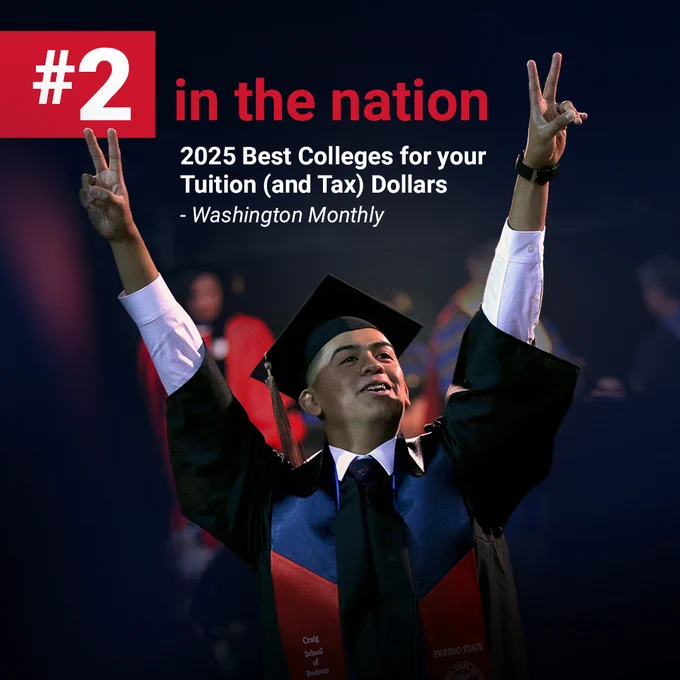 A Fresno State graduate throws his arms in the air in celebration. Text reads, "#2 in the nation. 2025 Best Colleges for your Tuition (and Tax) Dollars. -Washington Monthy."