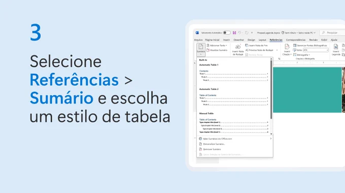Texto ao lado de uma captura de tela parcial de um documento do Microsoft Word que diz: "coloque o cursor onde você deseja colocar o sumário".
