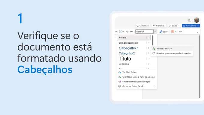 Texto ao lado de uma captura de tela do Microsoft Word que diz: "selecione Referências, depois sumário e escolha um estilo de tabela".
