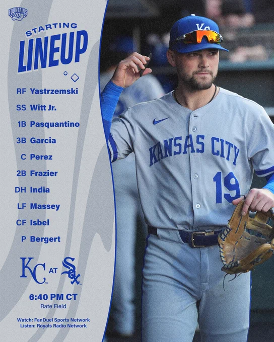 The Royals lineup for August 27 vs. the Chicago White Sox:

RF Mike Yastrzemski
SS Bobby Witt Jr.
1B Vinnie Pasquantino
3B Maikel Garcia
C Salvador Perez
2B Adam Frazier
DH Jonathan India
LF Michael Massey
CF Kyle Isbel

P Ryan Bergert

Watch: FanDuel Sports Network
Listen: Royals Radio Network

First pitch from Rate Field in Chicago, IL is set for 6:40 p.m. CT. Go Royals!

Pictured:
Michael Massey, wearing a fully gray Royals road uniform, walks in the Royals dugout with his glove in hand. (Photo by Kavin Mistry/Major League Baseball)