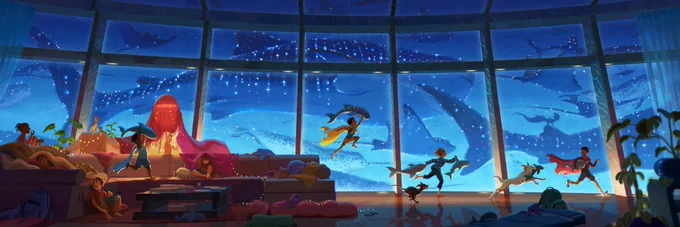 A digital painting of children at a sleepover playing with stuffed animals of undersea creatures like whales and sharks. Outside the window, we can see out into a starry and magical ocean filled with sea creatures mirroring the movements of the children's stuffed animals. Some kids wear blanket capes or play in a blanket fort. Some eat chips and pizza. Dogs run alongside them, past arranged sleeping bags and houseplants. It is warmly lit inside and cool out the window.