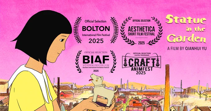 An animated still of a girl looking down at a statue of a dog, which is in her hands. The dog looks up at her with its tongue out. There is a city scape behind her. There are four laurels displaying that the animation has been selected for film festivals.