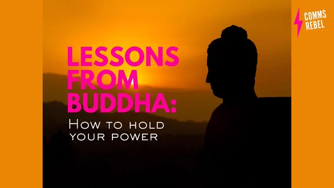 Silhouette of a Buddha statue against a sunset background. Text overlay reads: "Lessons from Buddha: How to hold your power." The colours are warm with an orange and yellow gradient.