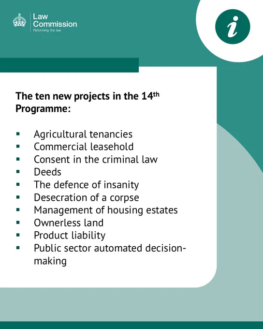 Text that says: ''The ten new projects in the 14th Programme:

- Agricultural tenancies
- Commercial leasehold
- Consent in the criminal law
- Deeds
- The defence of insanity
- Desecration of a corpse
- Management of housing estates
- Ownerless land
- Product liability
- Public sector automated decision-making''