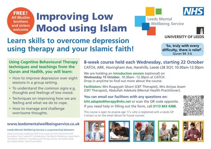 Flyer for a course titled "Improving Low Mood using Islam" by Leeds Mental Wellbeing Service, detailing what will be learned, dates, facilitators, contact details, and featuring logos of the Leeds Mental Wellbeing Service, NHS and the University of Leeds and imagery.