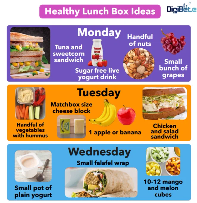 A screenshot of the the Healthy lunch box ideas pdf that can be found on the youngtype2.org website. The screen shows a good plan for Monday, Tuesday and Wednesday with suggested healthy lunch ideas.