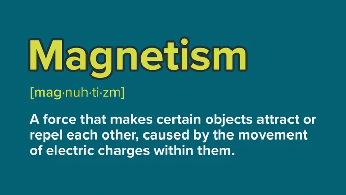 Magnetism - A force that makes certain objects attract or repel each other, caused by the movement of electric charges within them.