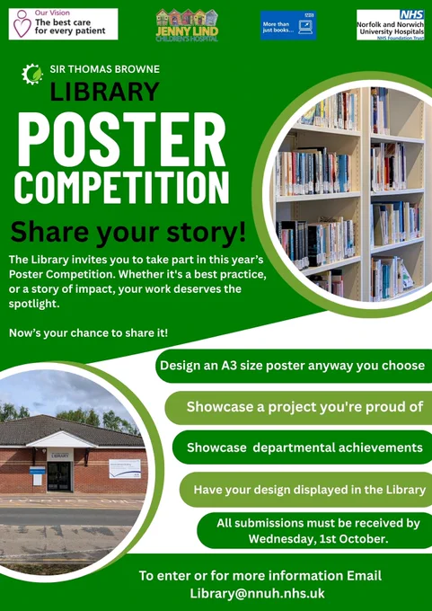 Library poster competition, with images of the library and a book shelf