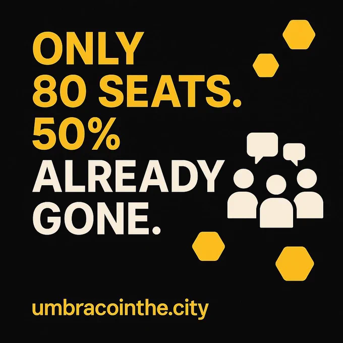 Bold yellow and white text on a black background reads: “Only 80 seats. 50% already gone.” To the right, three simplified white human icons with speech bubbles, surrounded by scattered yellow hexagons. The event URL “umbracointhe.city” is shown at the bottom in yellow.