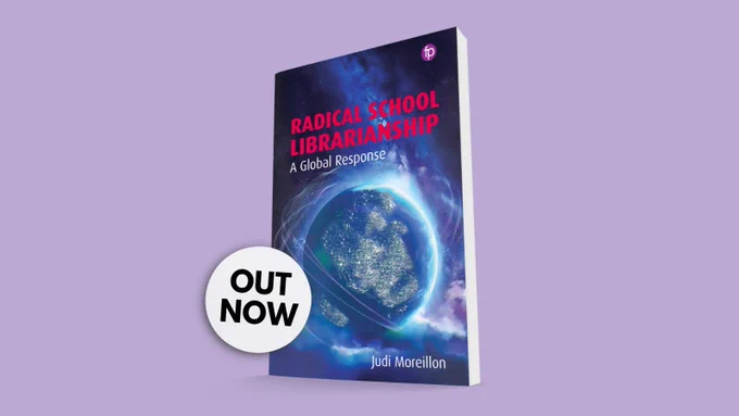 The cover of Radical School Librarianship on a light mauve background and text reading 'Out now'.