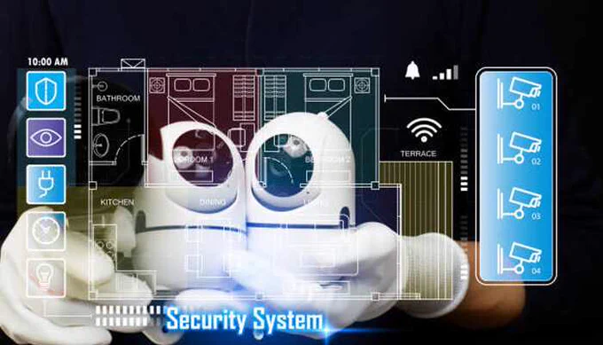 Modern home blueprint with smart cameras, wireless controls, and advanced monitoring features, showcasing innovative New Security Systems for safety.