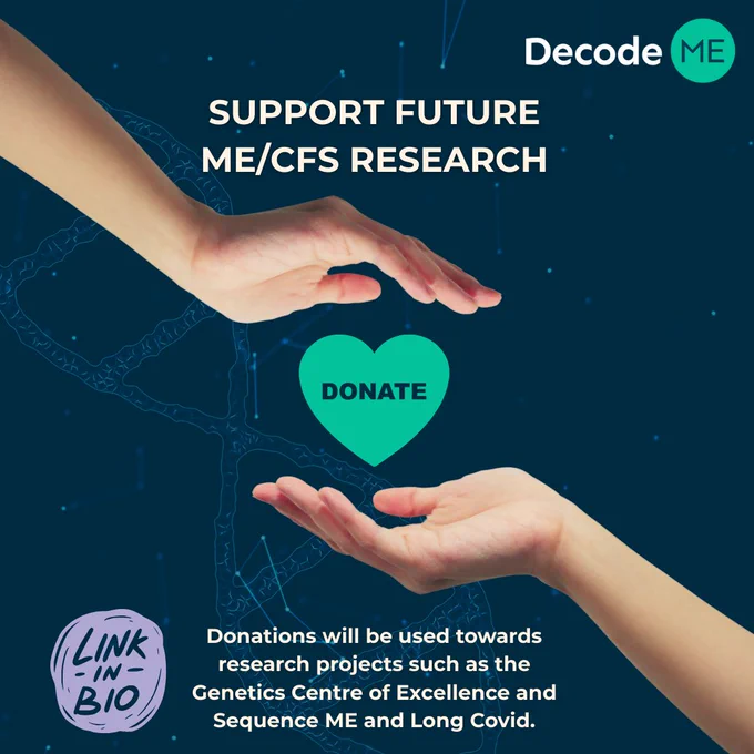 DecodeME post titled 'Support future ME/CFS research'. There is a picture of two hands and in between it is a green heart that says 'donate'. At the bottom of the graphic it says 'Donations will be used towards research projects such as the Genetics Centre of Excellence and Sequence ME and Long Covid.