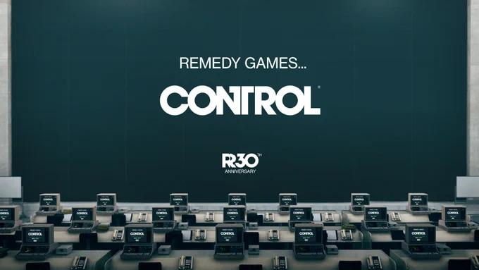 The text "Remedy Games CONTROL" is on a turquoise background with 3 rows of computers on the bottom of the image. The Remedy 30th anniversary logo is under the text.
