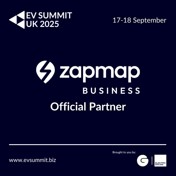 Dark blue promotional graphic announcing Zapmap Business as an Official Partner of the EV SUMMIT 2025, taking place on 17–18 September at the Blavatnik School of Government, Oxford. Centered is the Zapmap logo with text "Official Partner." Footer includes the event website (www.evsummit.biz
) and logos for Green.TV (event organiser) and ElectricDrives (media partner).