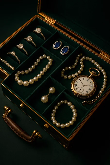 A luxurious handcrafted wooden case, lined with deep green velvet and gold accents, opened to reveal a perfectly arranged set of [new items, e.g. fine calligraphy pens, crystal ink bottles, golden compass, vintage watch]. The items are organized with precision in custom compartments, each detail glowing under soft dramatic lighting. The case exudes refinement, exclusivity, and timeless craftsmanship, photographed in a cinematic close-up style, 9:16 aspect ratio.