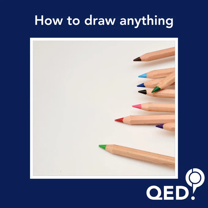 A graphic with the workshop title: How to draw anything. There is a photo of coloured pencils. 