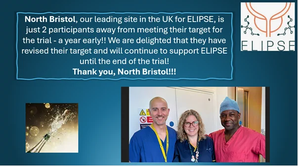 Picture of the ELIPSE team at North Bristol.  Image congratulates (and thanks) the team who are just 2 participants away from meeting their target for the trial - a year early.  We're delighted that they have revised their target and will continue to support ELIPSE until the end of the trial.  
