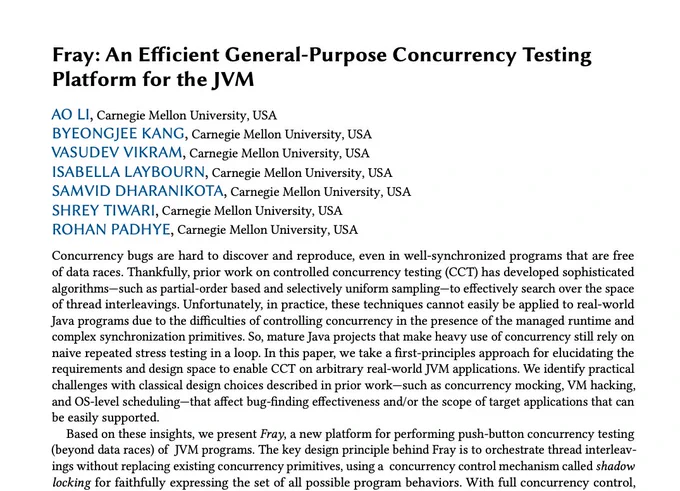 Front page of a paper titled "Fray: An Efficient General-Purpose Concurrency Testing Platform for the JVM" by Ao Li et al. from Carnegie Mellon University.