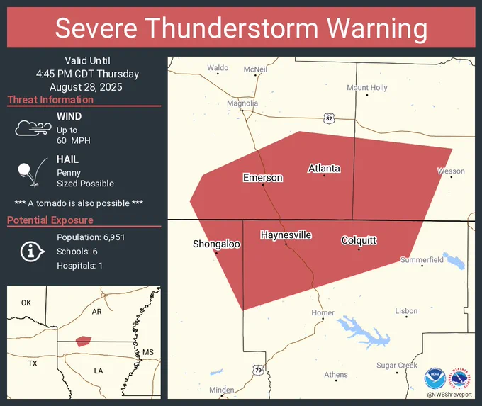 This graphic displays a severe thunderstorm warning plotted on a map. The warning is in effect until 4:45 PM CDT. The warning includes Haynesville LA, Emerson AR and Shongaloo LA.  This warning is for Southwestern Union and Southeastern Columbia Counties, North Central Webster and Northwestern Claiborne Parishes. The threats associated with this warning are wind gusts up to 60 MPH and penny sized hail. There are 6,951 people in the warning along with 6 schools and 1 hospital.
