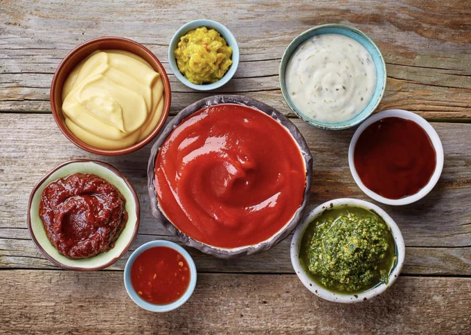 Various condiments including ketchup, mustard, mayonnaise, barbecue sauce, and pesto in small bowls on a wooden table.