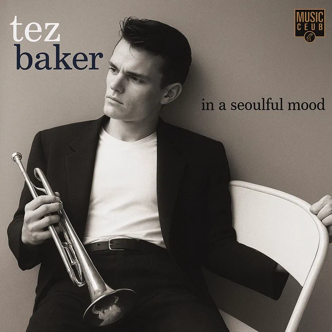 tez baker, in a seoulful mood - a humorous album cover combining classic Chet Baker album cover style with Tezos "baker" and the Seoul protocol upgrade language.