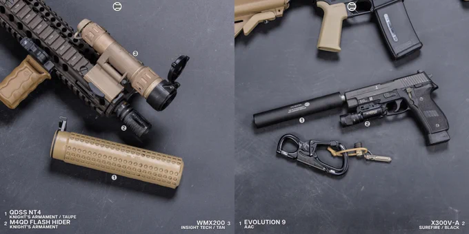 RailScales RSBM-P Polymer M-LOK VFG in Coyote NiR, CSMR Mag Button, Thread Lasso in 13.5x1 LH for Thread Protectors, Ampule RDS Tool | 10.3" 5.56 CQBR Block 2, Aimpoint Micro T-2 RDS on Unity Tactical FAST Micro Mount, Daniel Defense MK18 RIS II Rail, Colt M4 Upper, BCG, and 10.3" 5.56 Barrel, Knight's Armament NT4 Suppressor and Flash Hider, Insight Tech WMX200 (Rotating Mount), L3Harris NGAL Laser, American Defense MFG QD MLOK Mount, Geissele URG-I ACH, Presample Depot M4A1 Lower, Magpul SL Grip and 30rd EMAG, LMT Defense Gen 1 FDE SOPMOD Stock, Sig Sauer Mk25 (P226) w/ Factory 13.5x1 LH Threaded Barrel, Surefire X300V-A Light, Advanced Armament Evolution 9 Suppressor, Petzl EASHOOK OPEN Carabiner. 