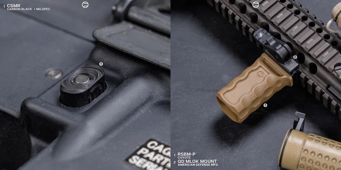RailScales RSBM-P Polymer M-LOK VFG in Coyote NiR, CSMR Mag Button, Thread Lasso in 13.5x1 LH for Thread Protectors, Ampule RDS Tool | 10.3" 5.56 CQBR Block 2, Aimpoint Micro T-2 RDS on Unity Tactical FAST Micro Mount, Daniel Defense MK18 RIS II Rail, Colt M4 Upper, BCG, and 10.3" 5.56 Barrel, Knight's Armament NT4 Suppressor and Flash Hider, Insight Tech WMX200 (Rotating Mount), L3Harris NGAL Laser, American Defense MFG QD MLOK Mount, Geissele URG-I ACH, Presample Depot M4A1 Lower, Magpul SL Grip and 30rd EMAG, LMT Defense Gen 1 FDE SOPMOD Stock, Sig Sauer Mk25 (P226) w/ Factory 13.5x1 LH Threaded Barrel, Surefire X300V-A Light, Advanced Armament Evolution 9 Suppressor, Petzl EASHOOK OPEN Carabiner. 