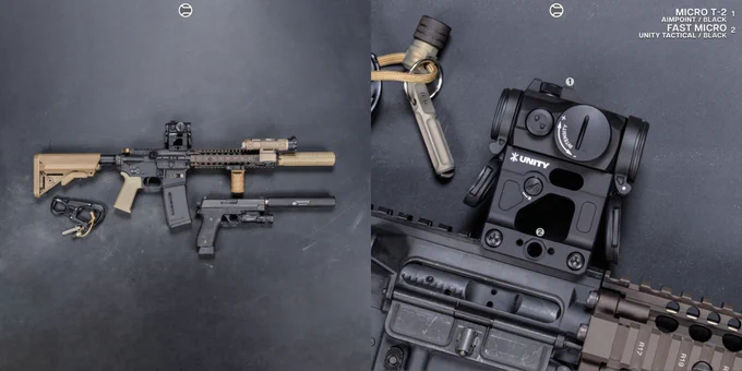 RailScales RSBM-P Polymer M-LOK VFG in Coyote NiR, CSMR Mag Button, Thread Lasso in 13.5x1 LH for Thread Protectors, Ampule RDS Tool | 10.3" 5.56 CQBR Block 2, Aimpoint Micro T-2 RDS on Unity Tactical FAST Micro Mount, Daniel Defense MK18 RIS II Rail, Colt M4 Upper, BCG, and 10.3" 5.56 Barrel, Knight's Armament NT4 Suppressor and Flash Hider, Insight Tech WMX200 (Rotating Mount), L3Harris NGAL Laser, American Defense MFG QD MLOK Mount, Geissele URG-I ACH, Presample Depot M4A1 Lower, Magpul SL Grip and 30rd EMAG, LMT Defense Gen 1 FDE SOPMOD Stock, Sig Sauer Mk25 (P226) w/ Factory 13.5x1 LH Threaded Barrel, Surefire X300V-A Light, Advanced Armament Evolution 9 Suppressor, Petzl EASHOOK OPEN Carabiner. 