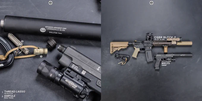 RailScales RSBM-P Polymer M-LOK VFG in Coyote NiR, CSMR Mag Button, Thread Lasso in 13.5x1 LH for Thread Protectors, Ampule RDS Tool | 10.3" 5.56 CQBR Block 2, Aimpoint Micro T-2 RDS on Unity Tactical FAST Micro Mount, Daniel Defense MK18 RIS II Rail, Colt M4 Upper, BCG, and 10.3" 5.56 Barrel, Knight's Armament NT4 Suppressor and Flash Hider, Insight Tech WMX200 (Rotating Mount), L3Harris NGAL Laser, American Defense MFG QD MLOK Mount, Geissele URG-I ACH, Presample Depot M4A1 Lower, Magpul SL Grip and 30rd EMAG, LMT Defense Gen 1 FDE SOPMOD Stock, Sig Sauer Mk25 (P226) w/ Factory 13.5x1 LH Threaded Barrel, Surefire X300V-A Light, Advanced Armament Evolution 9 Suppressor, Petzl EASHOOK OPEN Carabiner. 
