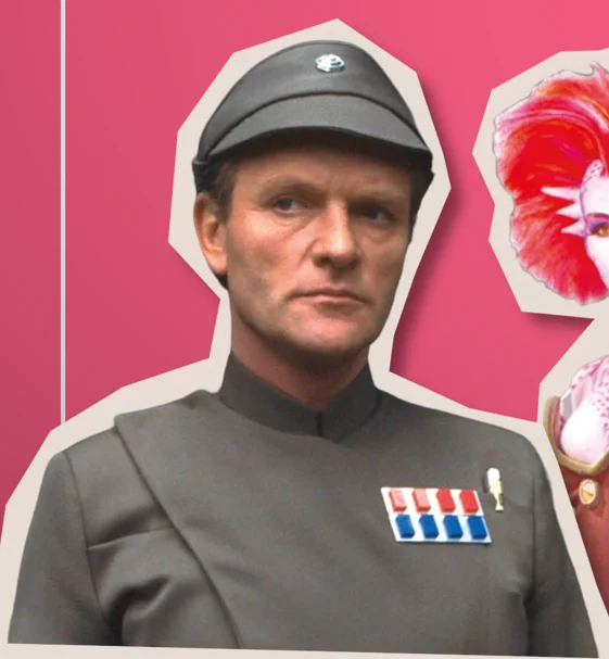 A cutout graphic of Maximilian Veers, a white man in a grey Imperial officer's tunic and hat. He's got a choppy white outline, with a drop shadow on a dull pink background. Next to him is also pasted the slightly cutoff figure of alien dancer Rystall Sant.