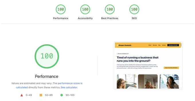Screenshot of a page speed test for ShawnHesketh.com after moving to Rocket.net, showing a perfect score of 100 for Performance, Accessibility, Best Practices, and SEO.