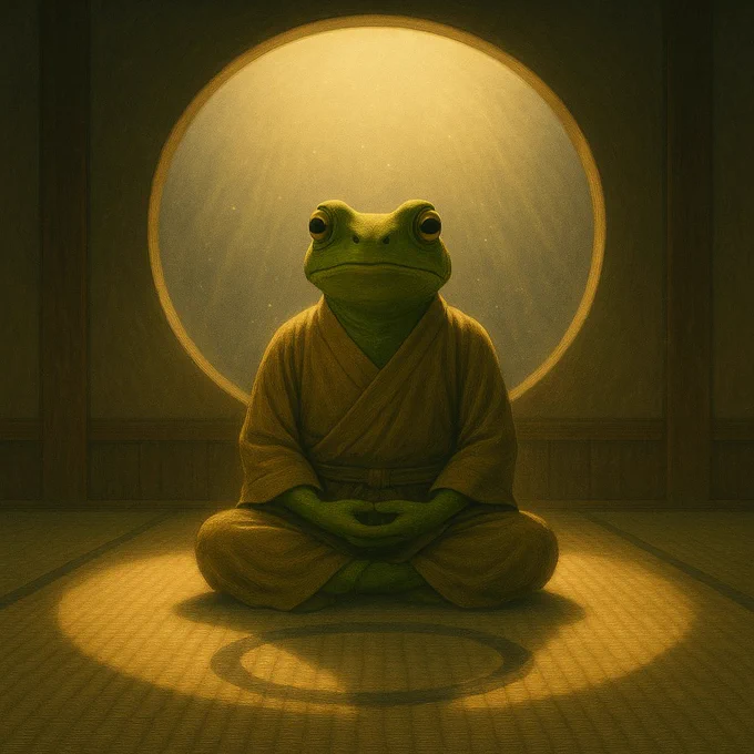 In the main hall, a round window casts a perfect circle of light on the floor. En sits in zazen at the center of the halo, dust motes glittering in the clear morning air.

本堂の丸窓から円い光が床に落ちる。光輪の中心で円が坐禅し、澄んだ朝の空気に微細な塵がきらめいている。